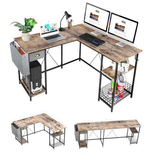 X-cosrack 2 Person Desk Large L-Shaped Computer Desk with Storage Shelves Drawer, Home Office Writing Corner Desk, Long Desk PC Laptop Workstation with Hooks Storage Bag Cable Hole