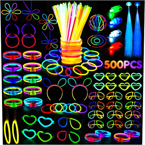 SHQDD 500 Glow Sticks Set, Glow in the Dark Party Supplies for Kids Adults - 200 Glow Sticks + 300 Accessories to DIY Bracelets/Necklaces/Glasses, Neon Party Favors for Birthday, Festivals, Concert