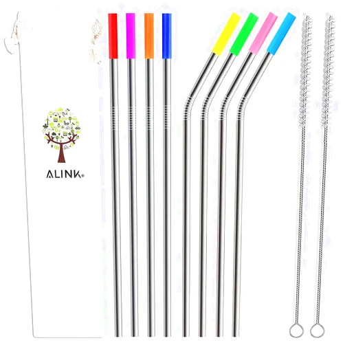 ALINK 8-Pack Stainless Steel Straws, 10.5” Long Reusable Replacement Metal Straws for 20 30 OZ Yeti Tumbler, RTIC, Tervis, Mason Jar, With 8 Silicone Tips, 2 Cleaning Brush and 1 Carrying Case