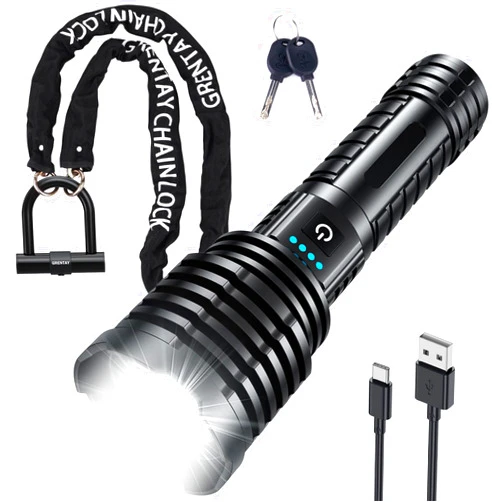 Grentay Bike Chain Lock 5 Feet/160cm Heavy Duty Anti Theft, Super Bright Led Rechargeable Flashlight 2000000 High Lumens