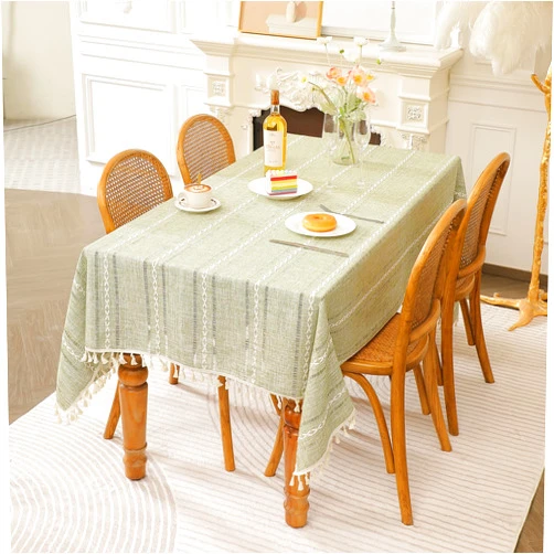 Eralove Cotton Linen Soft Rustic Boho Style Tablecloth Rectangle Dining Table Cover Wrinkle Free Farmhouse Fabric Cloth with Tassels Restaurant Party Decoration (Classical Green, 55''x102'')