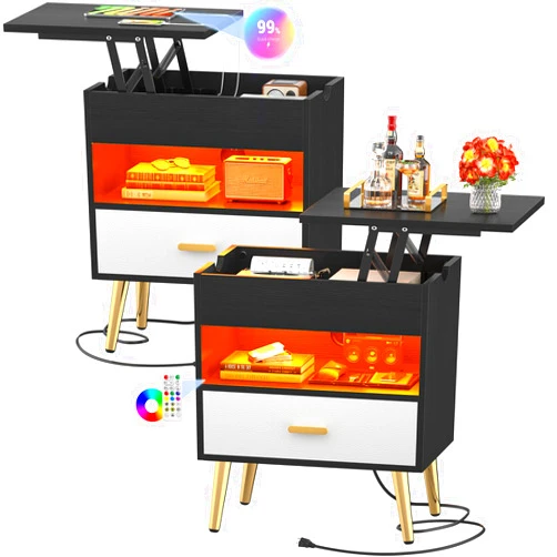 Girapow Nightstands Set of 2 with Lift Top, 35 Inches Nightstands with Charging Station & LED Lights, Black 3-Tier Bedside Table with Drawers & Open Storage, Tall End Side Table, Bedroom, Living Room
