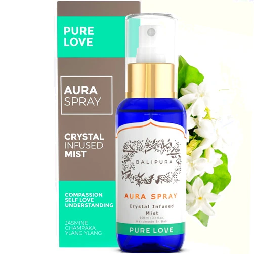 BALIPURA Pure Love Aura Spray - Organic Jasmine & Ylang Ylang Essential Oils - Attraction Mist with Quartz Crystals - Aromatherapy Room Spray for Abundance, Cleanse, and Self-Love