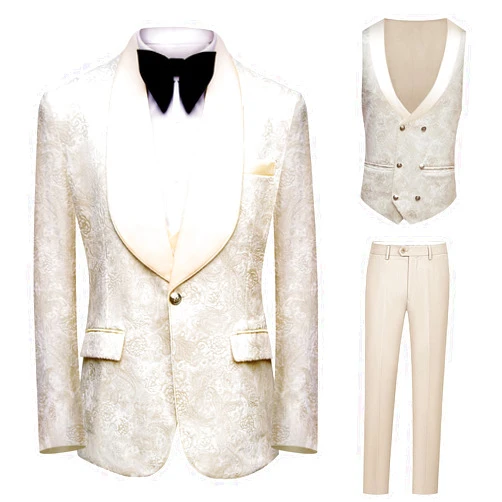 Homhous Mens 3 Piece Floral Tuxedo Suit Set, Cream, Slim Fit Jacket, Vest, Pants for Wedding