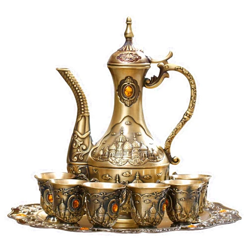 Igtazy Vintage Turkish Coffee Pot Set for 6 Including Tray and Teapot,Metal Cups,Teapot and Cup Set for One,Tea Service Set for Home Tea Table Decor,Wedding Ornaments