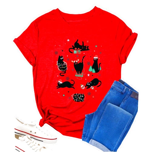 HPWCML Christmas Shirts for Women Meowy Christmas Tshirt Black Cat Shirt Merry and Bright Xmas T-Shirt Cat Lover Gifts Tops