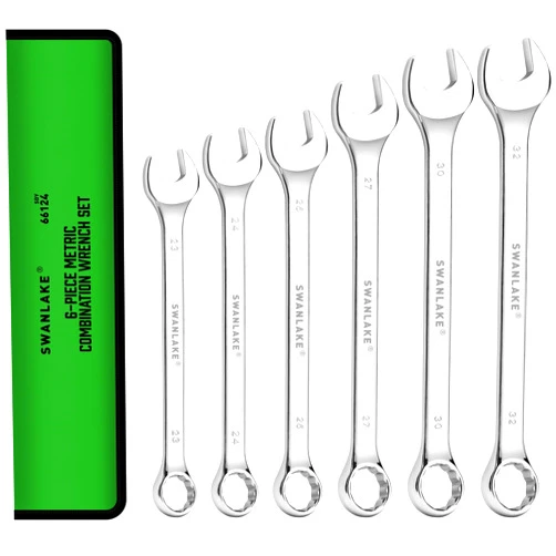 SWANLAKE GARDEN TOOLS 6-Piece All-Purpose Combination Wrench Set, Metric & Standard 23mm to 32mm, Heat Treated CR-V, 12-Point Box End Big Wrench Set, Master Long Mechanic Tool Set with Rolling Pouch