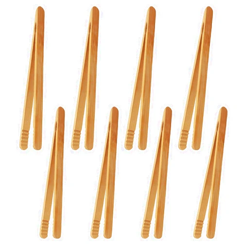 BallHull 7 Inch Bamboo Kitchen Utensil Tongs, Reusable Bamboo Toast Tongs for Toast, Kimchi, Fruit and Tea, 8 Pcs.