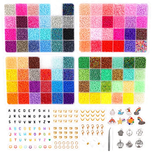 QUEFE 24000pcs 3mm Glass Beads for Jewelry Making Kit, 96 Colors Glass Seed Beads with Pendant Charms and Letter Beads for Friendship Bracelets Necklace Earring Ring Making