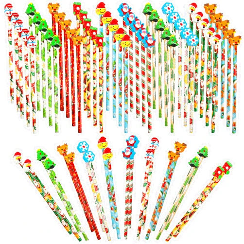 DIYASY Christmas Pencils for Kids Bulk, 50 Pcs Holiday Pencil with Erasers Xmas Wood Pencils Party Favor Supplies Classroom Rewards Prizes Stationery Decorations 10 Styles