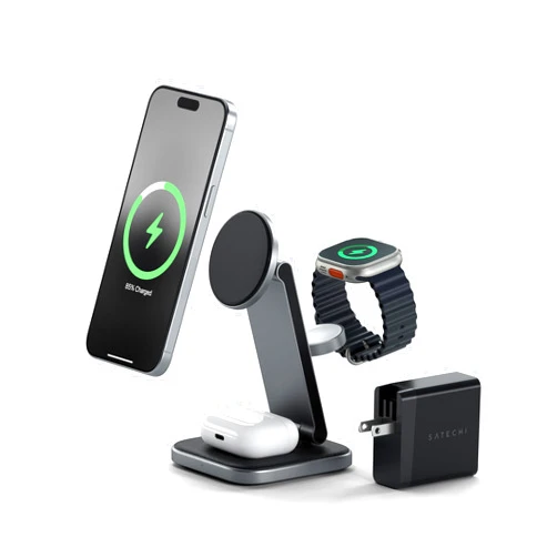 Satechi 3 in 1 Wireless Charging Station, Qi2 15W Magnetic, Foldable Travel Charger Station for iPhone 16/15/14/13/12, Apple Watch Series 8/7/SE/6/5/Ultra and AirPods Pro/3/2