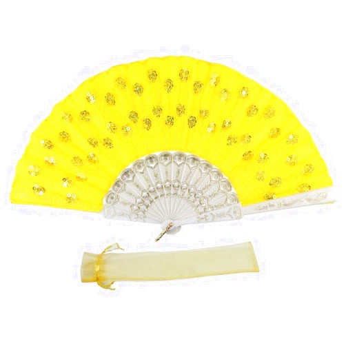 Newstarfactory Folding Fans for Women,Handmade Elegant Colorful Embroidered Flower Peacock Pattern Sequin Fabric Folding Fans (Yellow)