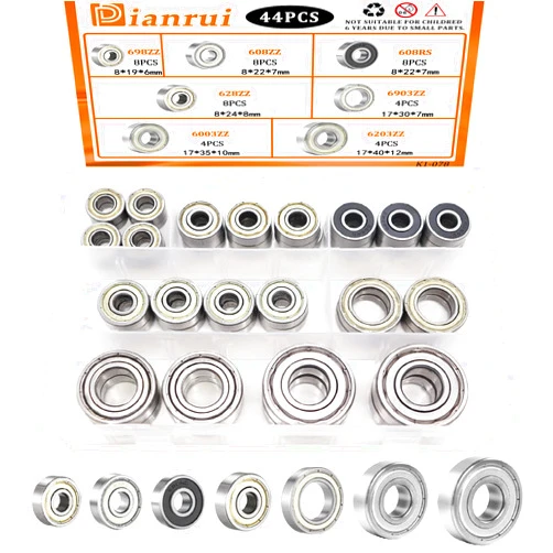 Dianrui Ball Bearings Assortment Kit 44 PCS—608RS/ 608ZZ/ 698ZZ/ 628ZZ/ 6903ZZ/ 6003ZZ/ 6203ZZ Small Bearings Kit for Skateboard Bearings, Furniture Wheel, Roller Skates, 3D Printing and ect—7 Molde