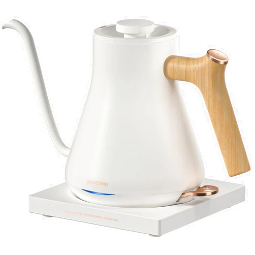 Intasting Electric Gooseneck Kettle for Brewing Coffee and Steeping Tea with 304 Stainless Steel Inner, Quick Heating, Matte White with Light Brown Wood Handle, 0.9L/30oz