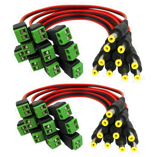 SGUESIKR 20 Pack DC Power Pigtail Male 2.1mm Connector with Two Position Terminal Ends - 1ft 18AWG Cable
