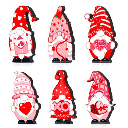 Umigy 6 Pcs Valentine's Day Wooden Gnome Table Decor Pink Red Valentines Day Gnome Sign Wood Heart Decorations Craft Chunky Tabletop Centerpiece for Wedding Home Tiered Tray Decoration