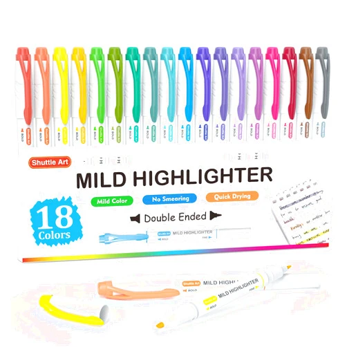 Shuttle Art Highlighters, 18 Colors Pastel Highlighter Pens Assorted Colors, Dual Tip Mild Color Highlighter Markers, Perfect for Teens, Kids and Adults Coloring, Underlining, Highlighting