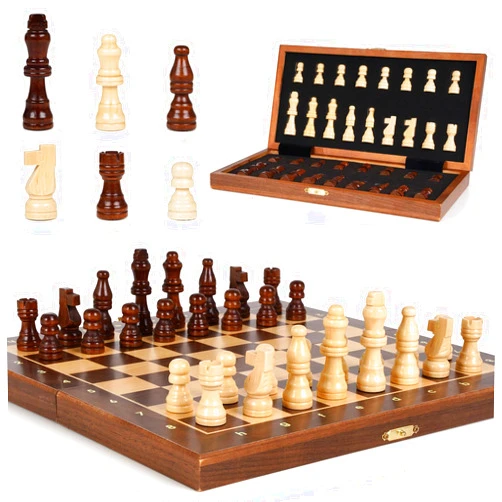 Kvintes Magnetic Travel Chess Set 12-inch Wooden Magnetic Chess Board 2 Extra Queen Folding Chessboard for Storage Toys & Games for Adults Vintage Chess Game – Family Board Games Educational Toy Sets