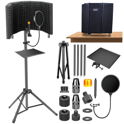 Dmsky Microphone Isolation Shield with Pop Filter & Tripod Stand, Foldable Mic Shield with Triple Sound Insulation, High Density Mic Sound Shield for Recording Studio, Podcasts, Singing, Broadcasting