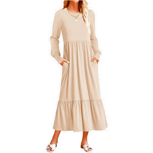 ZESICA Women's Spring Long Sleeve Dress 2025 Crewneck Casual Loose Pleated Tiered Swing Midi Dresses with Pockets