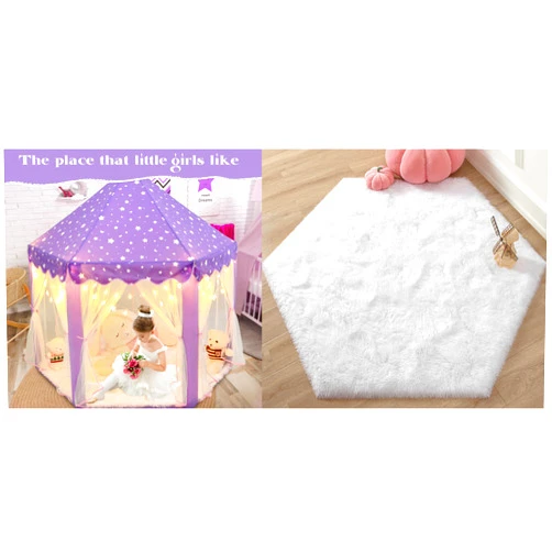 KIXINWA Purple Princess Tent with Small Star Lights and White Princess Rug