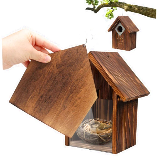 CHERLU 2-in-1 Window & Tree Hanging Bird House, Outdoor Birdhouse with Stainless Steel Hanging Cable, Openable Privacy Cover Panel, for Bluebird Finch Chickadee