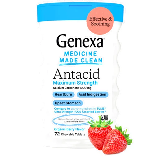 Genexa Antacid Maximum Strength Chewable Tablets | Calcium Carbonate Acid Reducer Relief for Heartburn, Acid Indigestion, & Upset Stomach | Delicious Organic Berry Flavor | 216 Tablets (3 Pack)