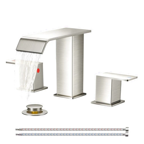 FORIOUS Widespread Bathroom Sink Faucet 3 Hole Brushed Nickel, 2 Handles Waterfall Bathroom Faucet with Metal Pop-up Drain and 24