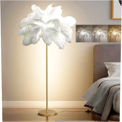 OUFUAMY Ostrich Feather Lamp Feather Floor Lamps, 3 Colors Led Bulb, Bedroom Standing Lamp, Decorative Lamp for Living Room Bedroom Office Shop Window（62.99 Inch High）