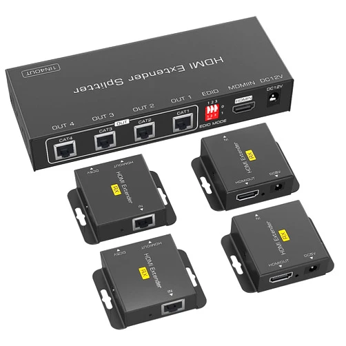 CJX HDMI Extender Splitter 1x4 - CJX 165ft/50m 1 in 4 Out, Over Cat5e/Cat6/7 Repeater Port Balun Ethernet Sender Transmitter Receiver Support 1080P@60hz 3D EDID POC (CJX-CJX024-BK)