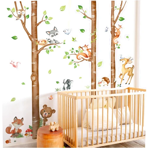 decalmile Large Birch Tree Forest Animals Wall Stickers Bear Rabbit Fox Deer Wall Decals Baby Nursery Toddler Bedroom Living Room Wall Decor(H: 63inches/ 160cm)
