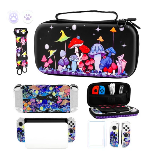 GLDRAM Colorful Mushroom Carrying Case for Nintendo Switch OLED Durable Travel Storage Bag with Glittery Switch OLED Protective Cover & HD Screen Protector & Shoulder Strap & Thumb Caps for Boys Girls
