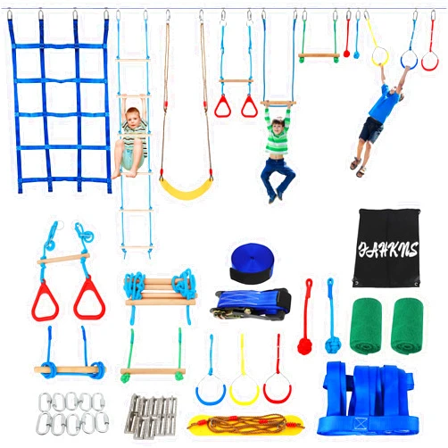FAHKNS Ninja Warrior Obstacle Course for Kids, 65 FT Durable Slackline with 14 Obstacles-Swings, Monkey Bars, Arm Trainers and More, Weatherproof Outdoor Obstacle Course for Backyard,3+ Years Old