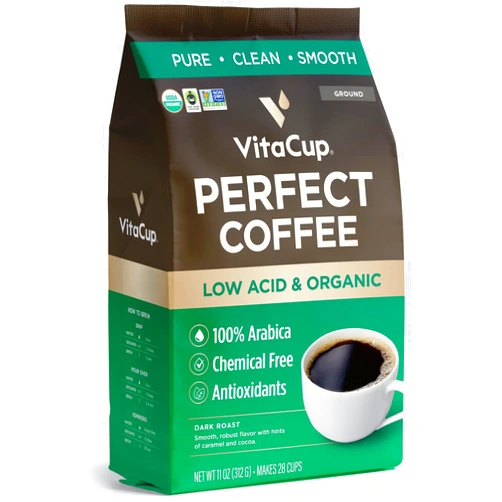 VitaCup Perfect Low Acid Coffee Ground, USDA Organic & Fair Trade, Mycotoxin Free, Dark Roast Guatemala Single Origin, Clean & Pure for Drip Coffee Brewers and French Press, 11 ounces