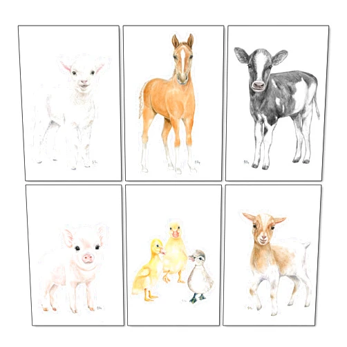 James River Studios Farm Nursery Art Prints Set of 6 Unframed, Pick Your Baby Farm Animals and Print Size, Lamb Pig Horse Cow Goat Ducks, Original Watercolor Art Signed By Artist