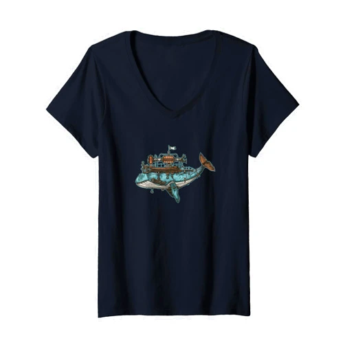 Visit The Steampunk Odyssey Apparel Womens STEAMPUNK WHALE ODYSSEY Fantastical Mechanical Intricate V-Neck T-Shirt