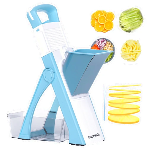 SupMaKin Upgrade Safe Mandoline Slicer Plus for Kitchen, SupMaKin Bigger Port Vegetable Food Potato Chopper, Adjustable Thickness, Julienne & Dicer Salad Making Chopping Artifact (Blue & White)