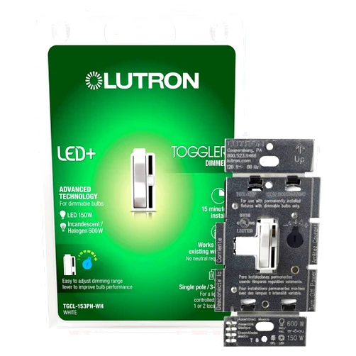 Lutron Toggler LED+ Dimmer Switch | 150-Watt LED, Single-Pole/3-Way | TGCL-153PH-WH | White