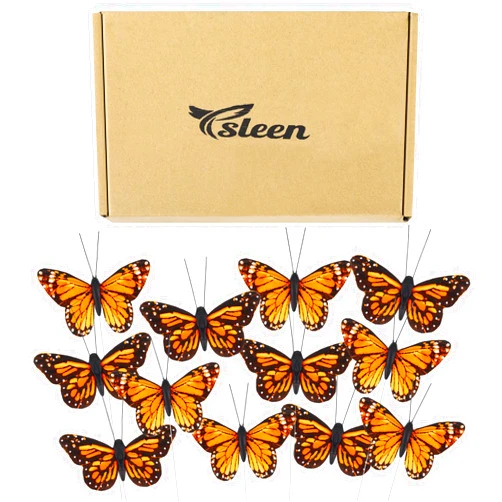 Ysleen 12 Set Monarch Butterfly Decorations Feather Butterflies Picks Butterflies for Spring Flower Arrangements Butterfly on Wire for Crafts Butterfly DIY Crafts Garland(4 x 3 Inch,Orange Color)