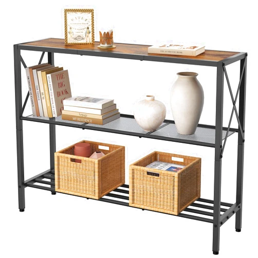 Hoctieon Industrial Console Table, 3 Tier Entryway Table, Hallway Table, Narrow Sofa Table with Shelves, Entrance Table for Entryway, Living Room, Foyer, Hallway, Office, Rustic Brown&Black