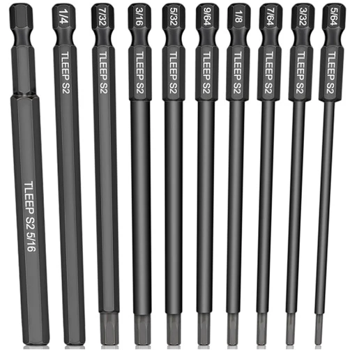 TLEEP 10 x Long 100MM 1/4 Inch Hex Head Allen Wrench Drill Bits, 5/16” to 5/64”, SAE, Magnetic Tips Screwdriver Socket Bit Set for Ikea Type Furniture (S2 Steel 5/16 inch to 5/64 inch)