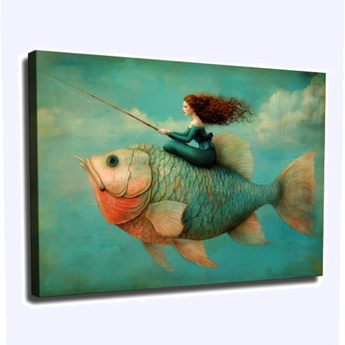 LTUFFYINATU The Sky Fisherman Surreal Giant Fish Rider Wall Art - Whimsical Fantasy Canvas Print, Modern Dreamy Digital Illustration for Living Room Office Decor (Framed,08x12 inch)