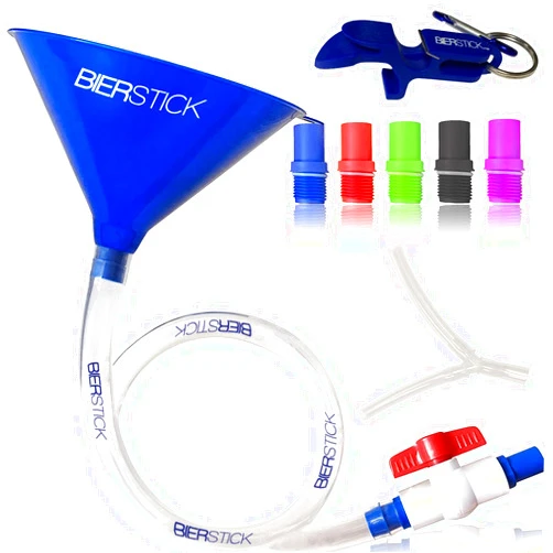 Bierstick Beer Bong Tube and Funnel with Valve, Optional Single or Double Header Y-Attachment, 5 Interchangeable Mouthpieces, Shotgun Keychain Tool - Kink-Free Hose for Bierstick Beerbong