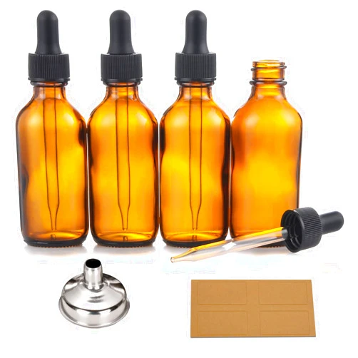 AOZITA 4 Pack, 2 oz Dropper Bottles with 1 Funnel & 4 Labels - Essential Oils Bottles for Health, Personal Care & Beauty - 60ml Thick Dark Amber Glass Tincture Bottles with Eye Droppers, Leakproof