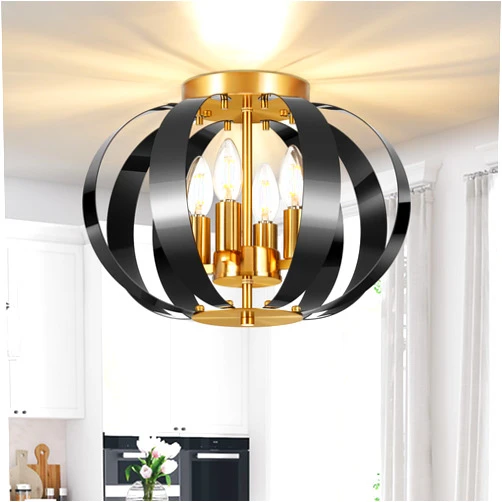 Hzacye Semi Flush Mount Ceiling Light Fixture 15 inch, Modern 4-Light Ceiling Light Fixture, Bedroom Lighting Fixtures Ceiling,Foyer Light Fixtures for Hallway Kitchen Living Room (Black & Gold)