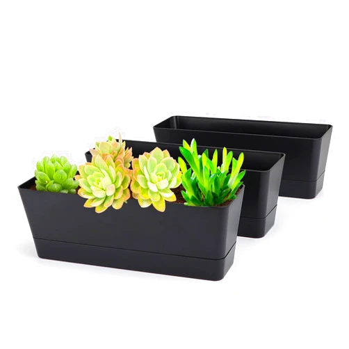 GREANER Black Rectangle Window Boxes, 3 Pack 12x3.8 Inch Herb Planters with Tray, Indoor Succulent Cactus Mint Plastic Pot for Windowsill, Garden Balcony, Office Outdoor Decoration