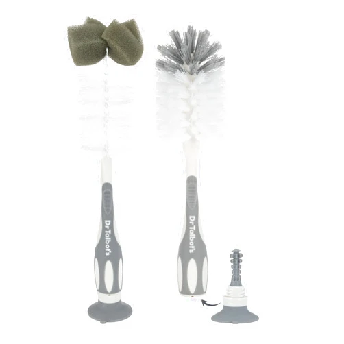 Dr. Talbot's Dr. Talbot’s Bottle and Nipple Brush, Soft Nylon Bristles, Sponge Top, Handle with Suction Base, 2 Pack, Gray