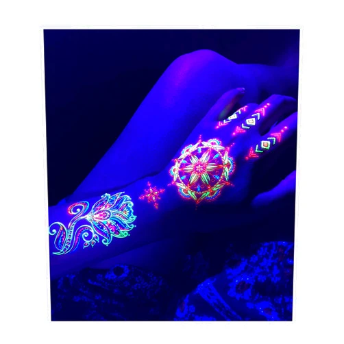 D'IRIS studio Temporary Tattoos for Glow Party UV Blacklight – 1 Sheet Lotus Floral Body Paint Art Light Festival Accessories Glow in the Dark Makeup | 7.2” x 5.2” Temp Great for EDM EDC Party Rave Parties