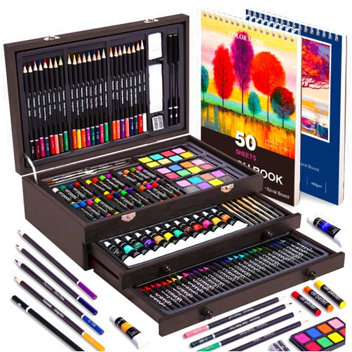 Color More 175 Piece Deluxe Art Set with 2 Drawing Pads, Acrylic Paints,Crayons,Colored Pencils,Paint Set in Wooden Case,Professional Art Kit,Art Supplies for Adults,Teens and Artist,Paint Supplies
