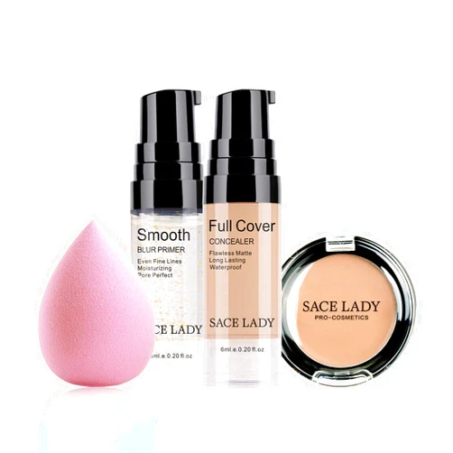 SACE LADY Waterproof Full Coverage Concealer With Primer Sponge Set, Smooth Matte Flawless Creamy Liquid Foundation Corrector Makeup Kit for Face Eye Dark Circles Spot Acne Scar Cover (0.2Fl, Natural)